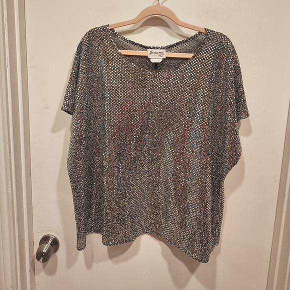Joanna Plus Women's Silver All Over Sequin Boxy Pullover Top Sz 2X Concert Disco - Picture 1 of 7